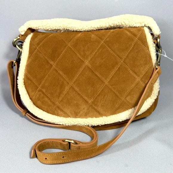SUNDANCE Tan Suede Leather Quilted Shearling Lined Shoulder Bag NWOT - Picture 3 of 13